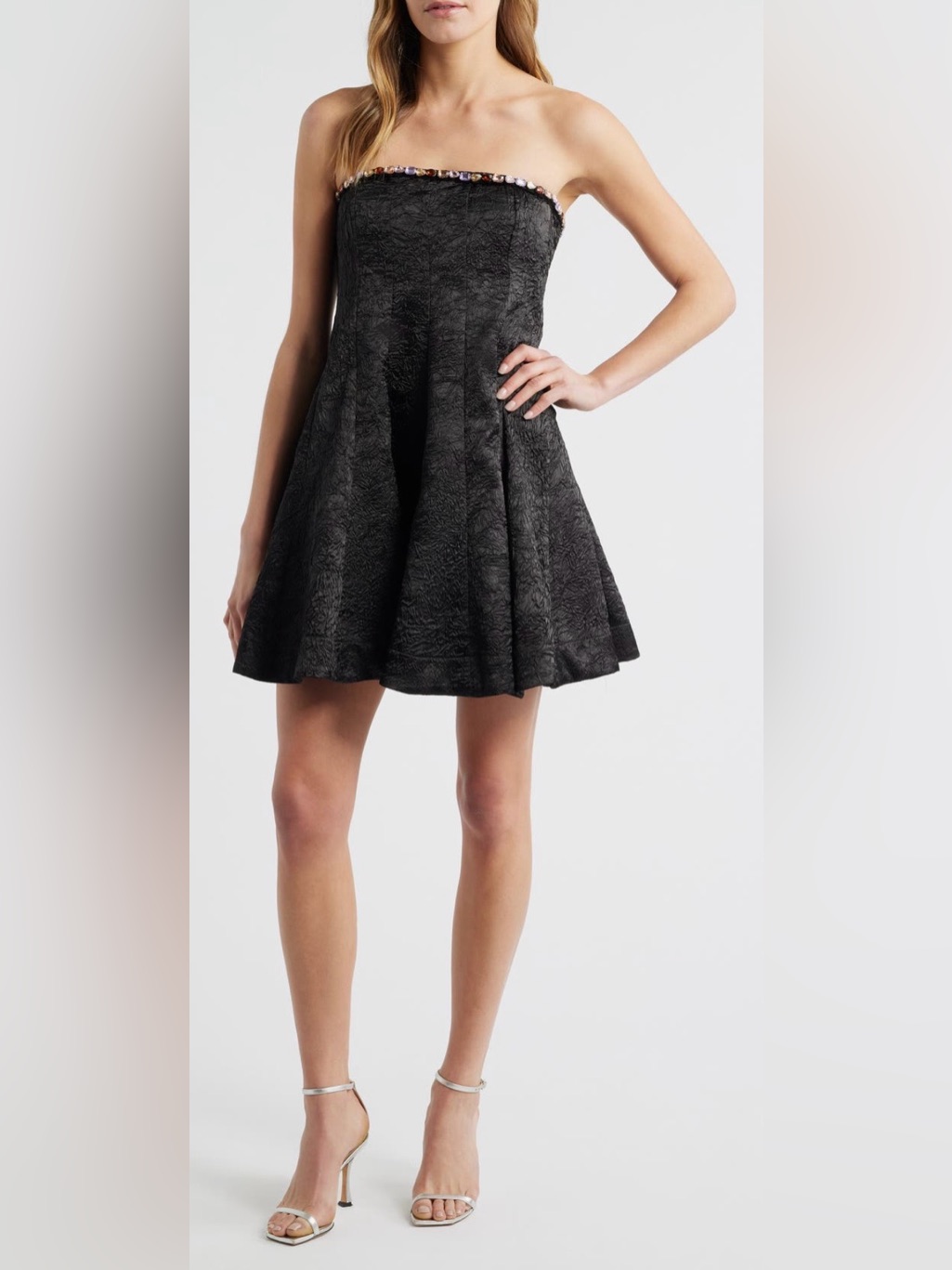 Cece Jewel Strapless Black Textured Jacquard Fit & Flare Mini Dress